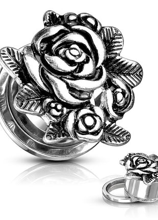 Ear Tunnel Motif Plug Stainless Steel Vintage Roses Flowers 