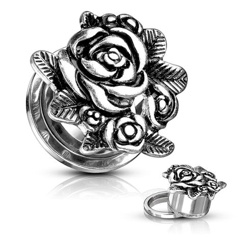 Ear Tunnel Motif Plug Stainless Steel Vintage Roses Flowers 