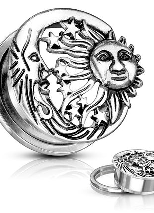 Ear Tunnel Motif Plug Stainless Steel Sun Moon Stars Antique 