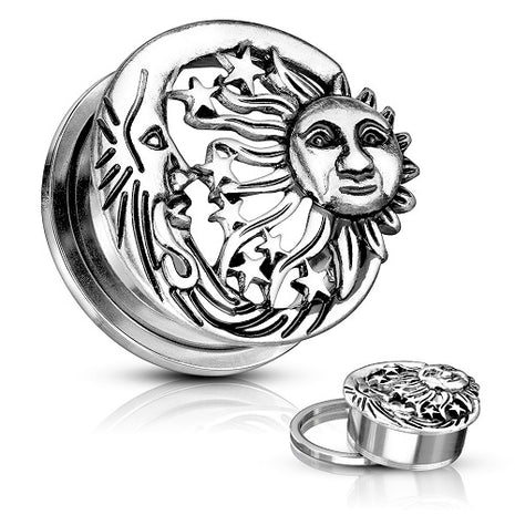 Ear Tunnel Motif Plug Stainless Steel Sun Moon Stars Antique 