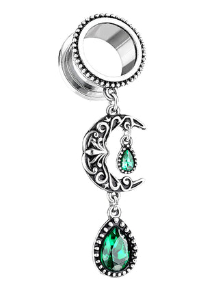 Flesh Ear Tunnel with Moon Pendant Emerald Green Crystal Drop 