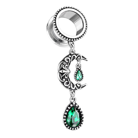 Flesh Ear Tunnel with Moon Pendant Emerald Green Crystal Drop 