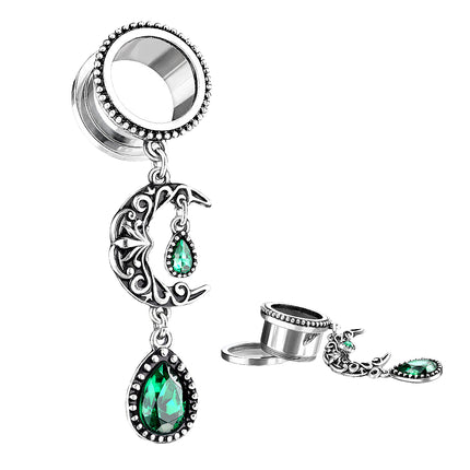 Flesh Ohr Tunnel mit Mond Anhänger Emerald Grün Kristall Tropfen