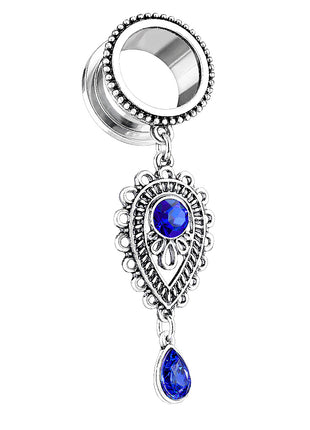 Flesh Ear Tunnel with Tribal Tear Charms Jewelry Pendant Sapphire Blue 