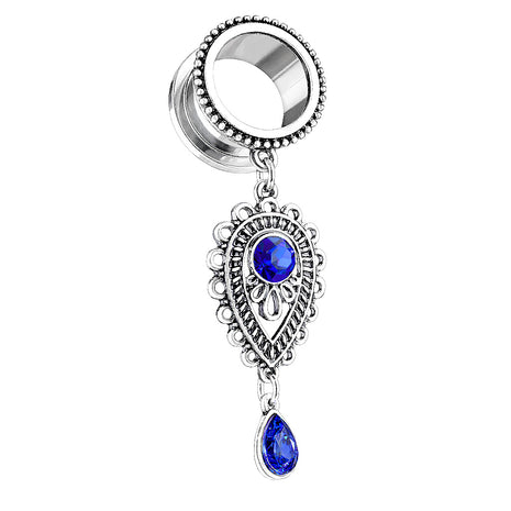 Flesh Ear Tunnel with Tribal Tear Charms Jewelry Pendant Sapphire Blue 