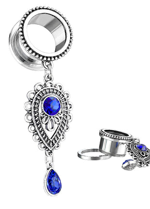 Flesh Ear Tunnel with Tribal Tear Charms Jewelry Pendant Sapphire Blue 