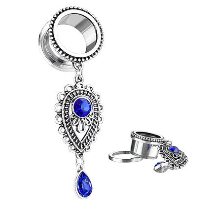 Flesh Ohr Tunnel mit Tribal Tränen Charms Schmuck Anhänger Saphir Blau