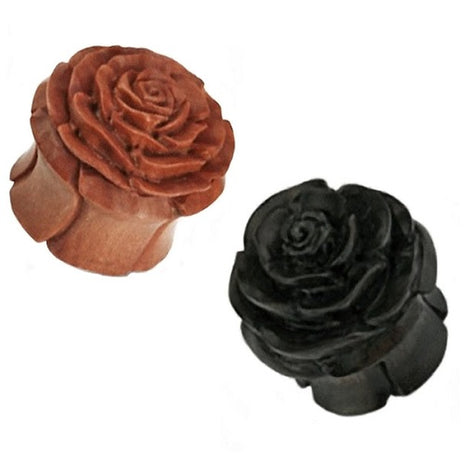 Wooden Ear Plug Flower Black Rose Brown