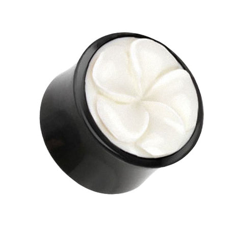 Flesh Ear Plug Buffalo Horn Black Inlay Flower White 