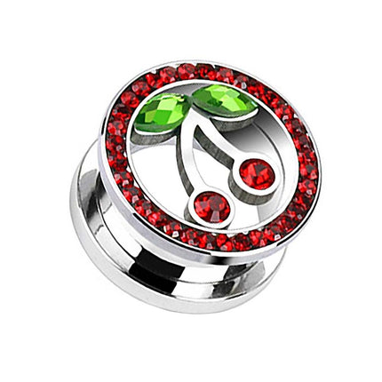 Flesh Ohr Tunnel Edelstahl silbern Kirsche mit Kristallen