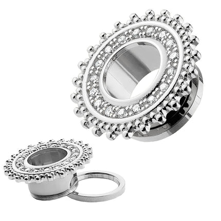 Flesh Ohr Tunnel Tribal Sonne Silber IP mit Kristallen