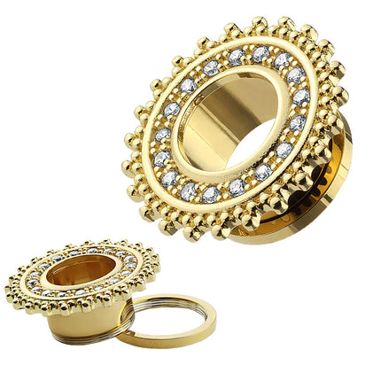 Flesh Ohr Tunnel Tribal Sonne vergoldet mit Kristallen