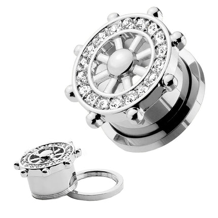 Flesh Tunnel Ohr Schiffsrad Steuerrad Silber IP mit Kristallen