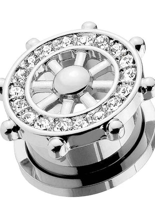 Flesh Tunnel Ear Ship Wheel Steering Wheel Silver IP with Crystals 