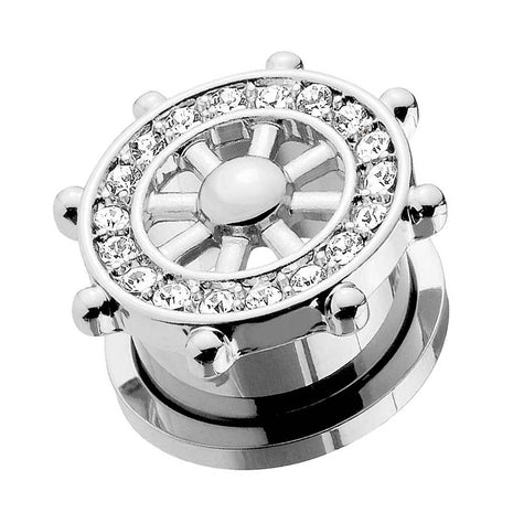 Flesh Tunnel Ear Ship Wheel Steering Wheel Silver IP with Crystals 