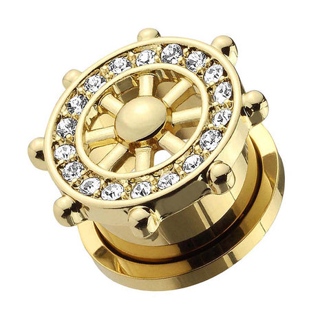 Flesh Tunnel Ear Ship Wheel Steering Wheel Gold IP with Crystals 