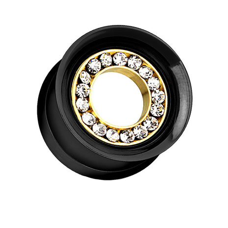 Flesh Ear Tunnel Black with Crystal Inlay Gold Plated 