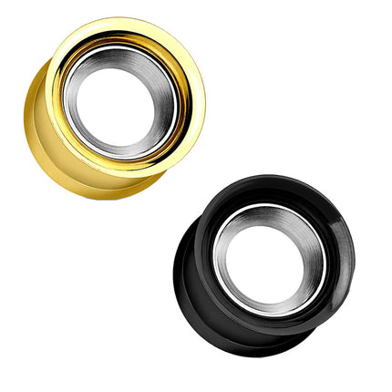 Flesh Ohr Tunnel Schwarz mit silberfarbenem Ring Inlay