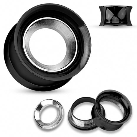 Flesh Ohr Tunnel Schwarz mit silberfarbenem Ring Inlay