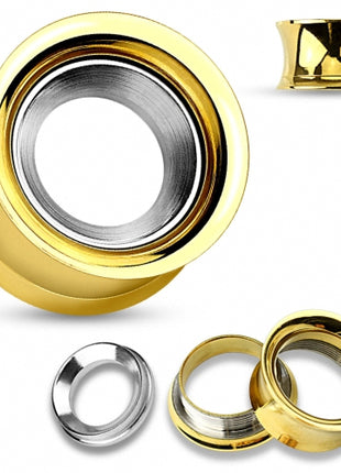 Flesh Ohr Tunnel Gold IP mit Ring Inlay silbern