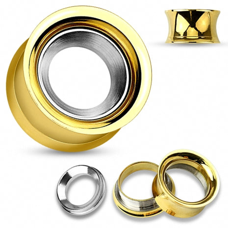 Flesh Ohr Tunnel Gold IP mit Ring Inlay silbern