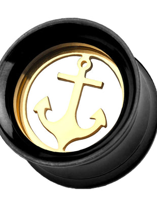 Flesh Ear Tunnel Black with Anchor Inlay Gold Plated 