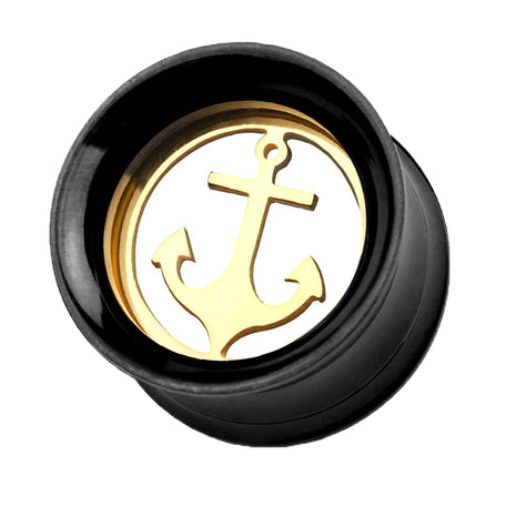 Flesh Ear Tunnel Black with Anchor Inlay Gold Plated 