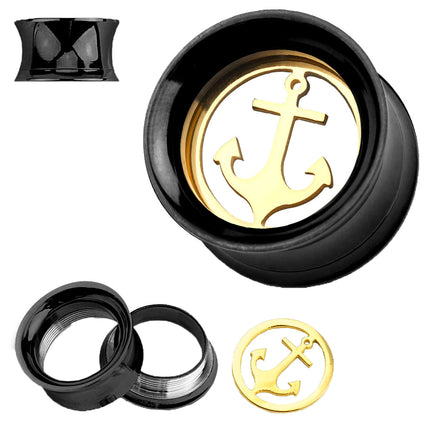 Flesh Ohr Tunnel Schwarz mit Anker Inlay vergoldet