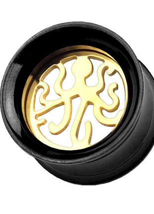 Flesh Ear Tunnel Black Octopus Inlay Gold Plated 