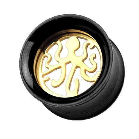 Flesh Ear Tunnel Black Octopus Inlay Gold Plated 