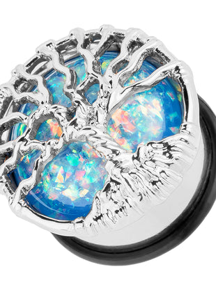 Ear Tunnel Plug Single Flared Tree of Life with Opal Blue 