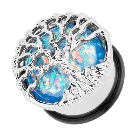 Ear Tunnel Plug Single Flared Tree of Life with Opal Blue 