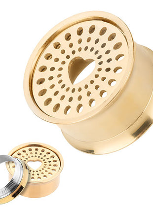 Flesh Ear Tunnel Plug Heart Perforated Stainless Steel Gold Plated 