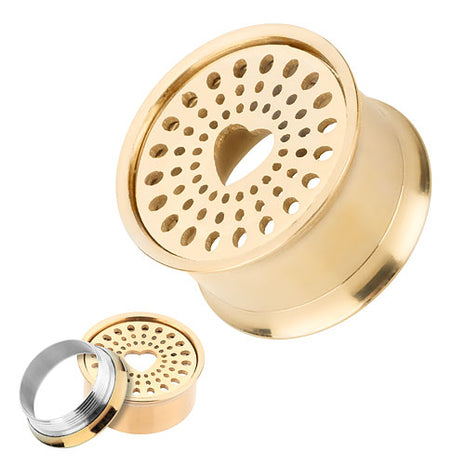 Flesh Ear Tunnel Plug Heart Perforated Stainless Steel Gold Plated 