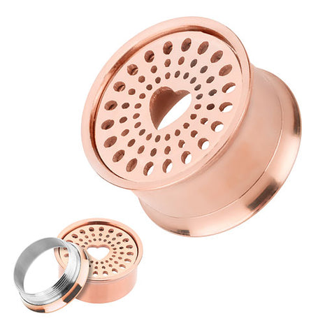 Flesh Ear Tunnel Plug Heart Perforated Stainless Steel Rose Gold IP 