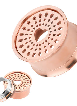 Flesh Ear Tunnel Plug Heart Perforated Stainless Steel Rose Gold IP 