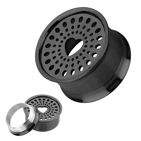 Flesh Ear Tunnel Plug Heart Perforated Stainless Steel Black 