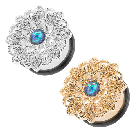 Flesh Tunnel Plug Piercing Stainless Steel Mandala Flower with Opal 