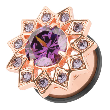 Flesh Ear Tunnel Plug Stainless Steel Star with Large Crystal Rose Gold IP 