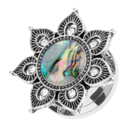 Ear Tunnel Plug Piercing Tribal Mandala Flower with Opal Mother of Pearl 