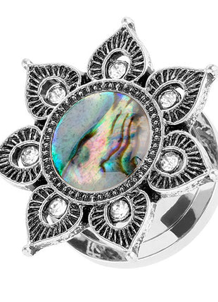 Ohr Tunnel Plug Piercing Tribal Mandala Blume mit Opal Perlmutt