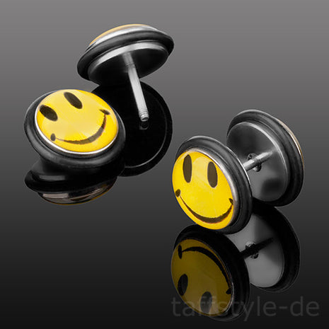 Fake Plug Piercing Ohrstecker Smiley Gelb