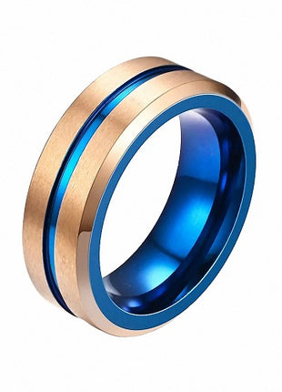 Herren & Damen Edelstahl Ring Rosegold matt gebürstet mit blauen Inlay