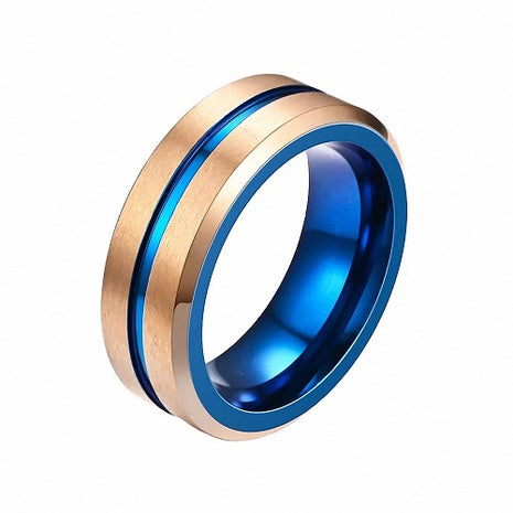 Herren & Damen Edelstahl Ring Rosegold matt gebürstet mit blauen Inlay