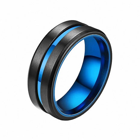 Herren & Damen Edelstahl Ring Schwarz matt gebürstet mit blauen Inlay