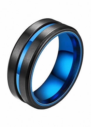 Herren & Damen Edelstahl Ring Schwarz matt gebürstet mit blauen Inlay