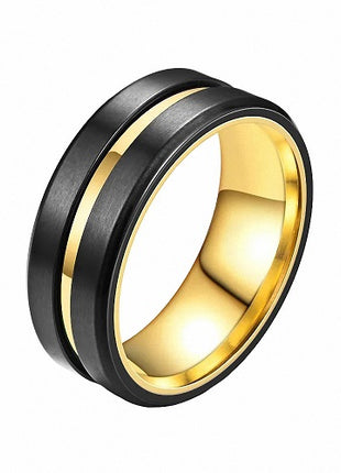 Herren & Damen Edelstahl Ring Schwarz matt gebürstet mit Gold Inlay