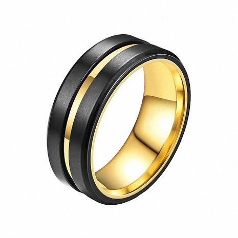 Herren & Damen Edelstahl Ring Schwarz matt gebürstet mit Gold Inlay