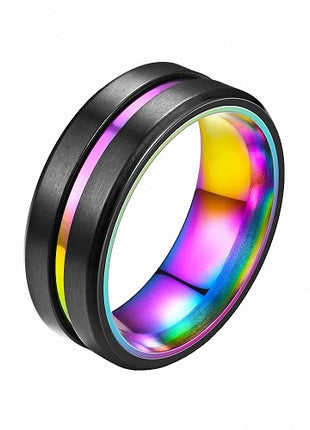 Herren & Damen Edelstahl Ring Schwarz matt gebürstet mit Rainbow Inlay