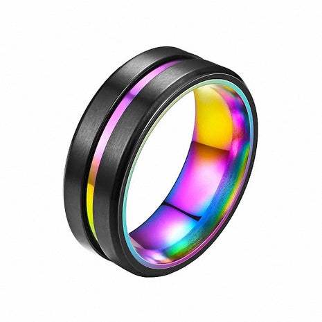 Herren & Damen Edelstahl Ring Schwarz matt gebürstet mit Rainbow Inlay